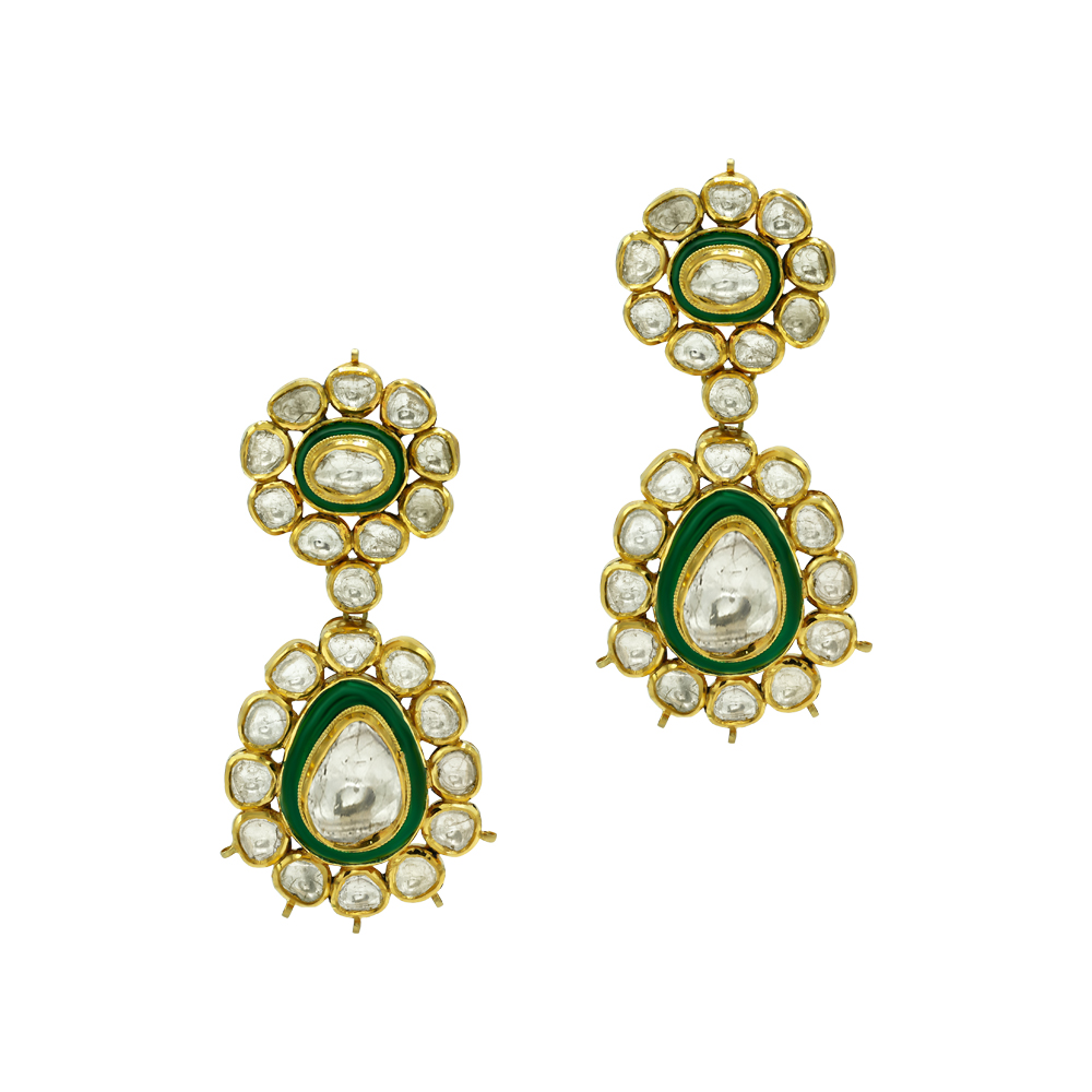 Polki Necklace Set with Green Enamel and Layered Design